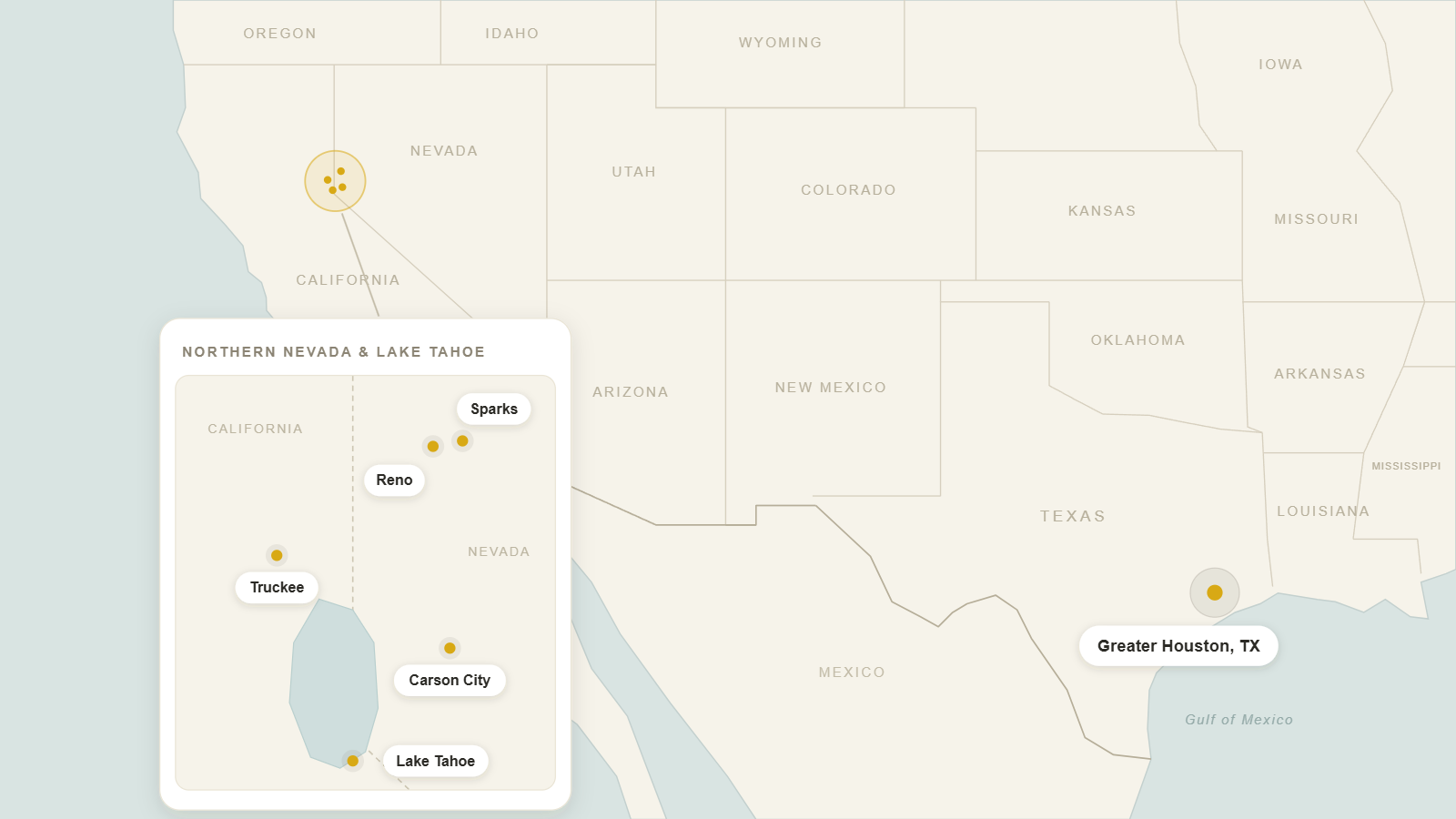 Map showing the Reno Green Landscaping operating group footprint across Greater Houston, Northern Nevada, and the Lake Tahoe region