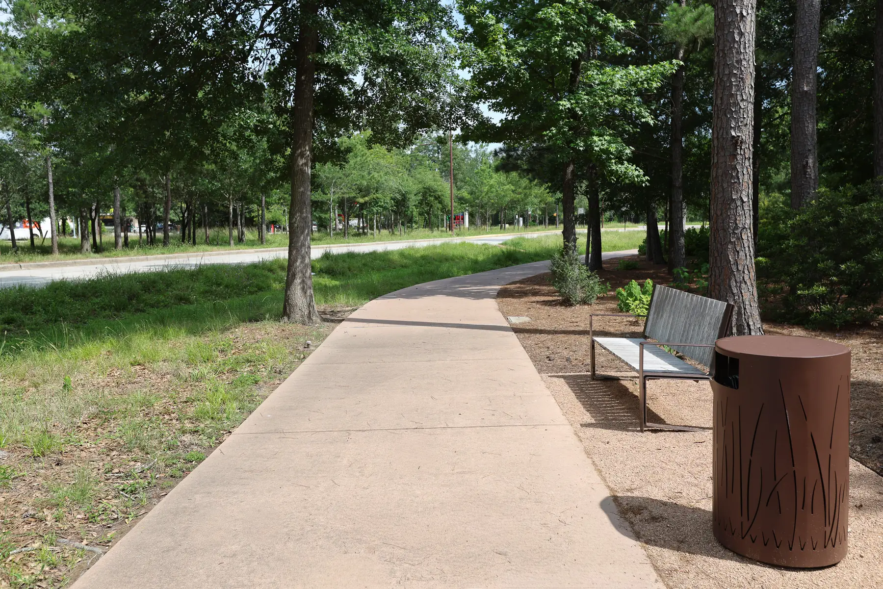 Walking path and turf through a Houston community common area