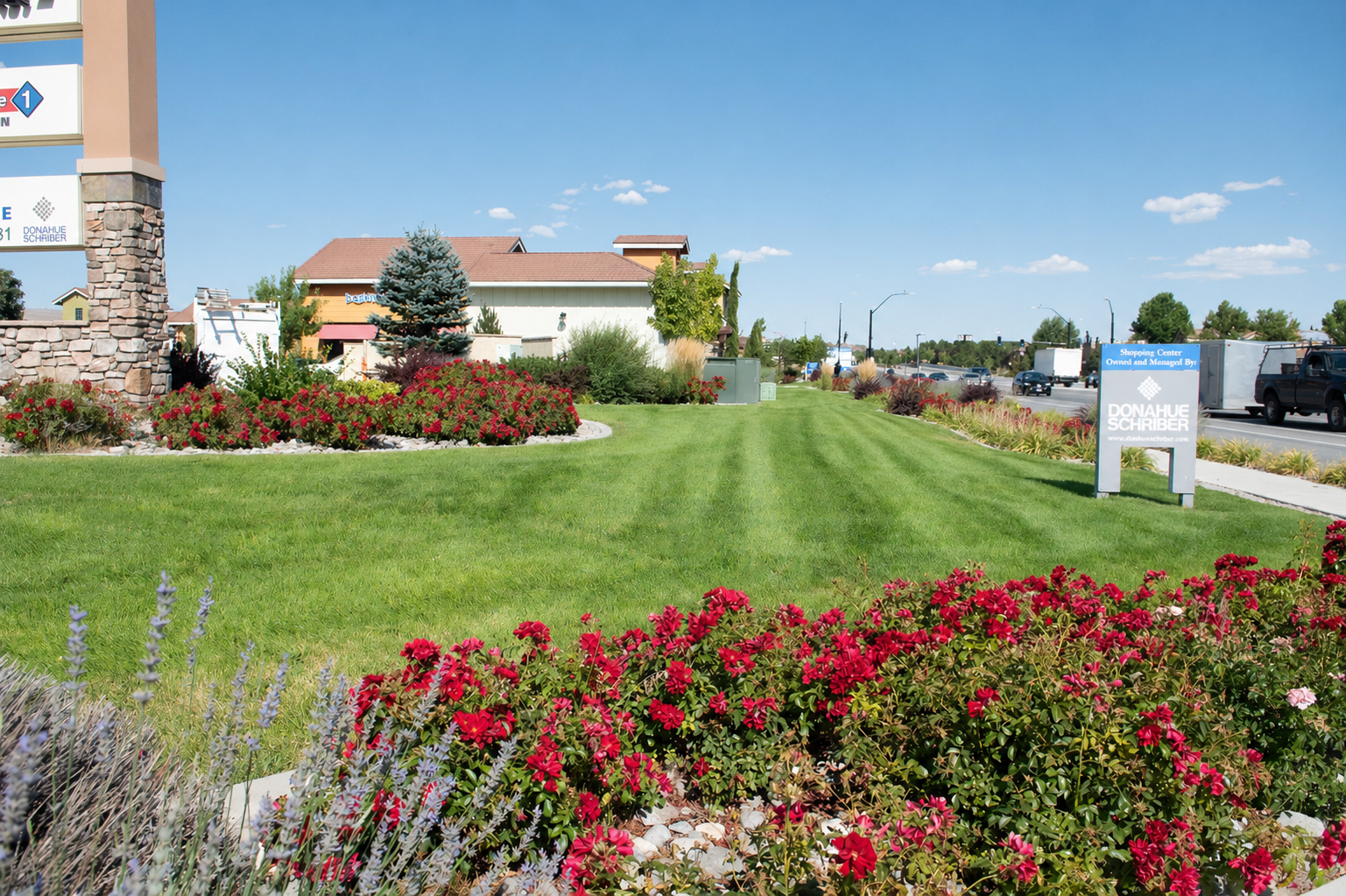 Healthy commercial landscape maintained by Good Landscaping