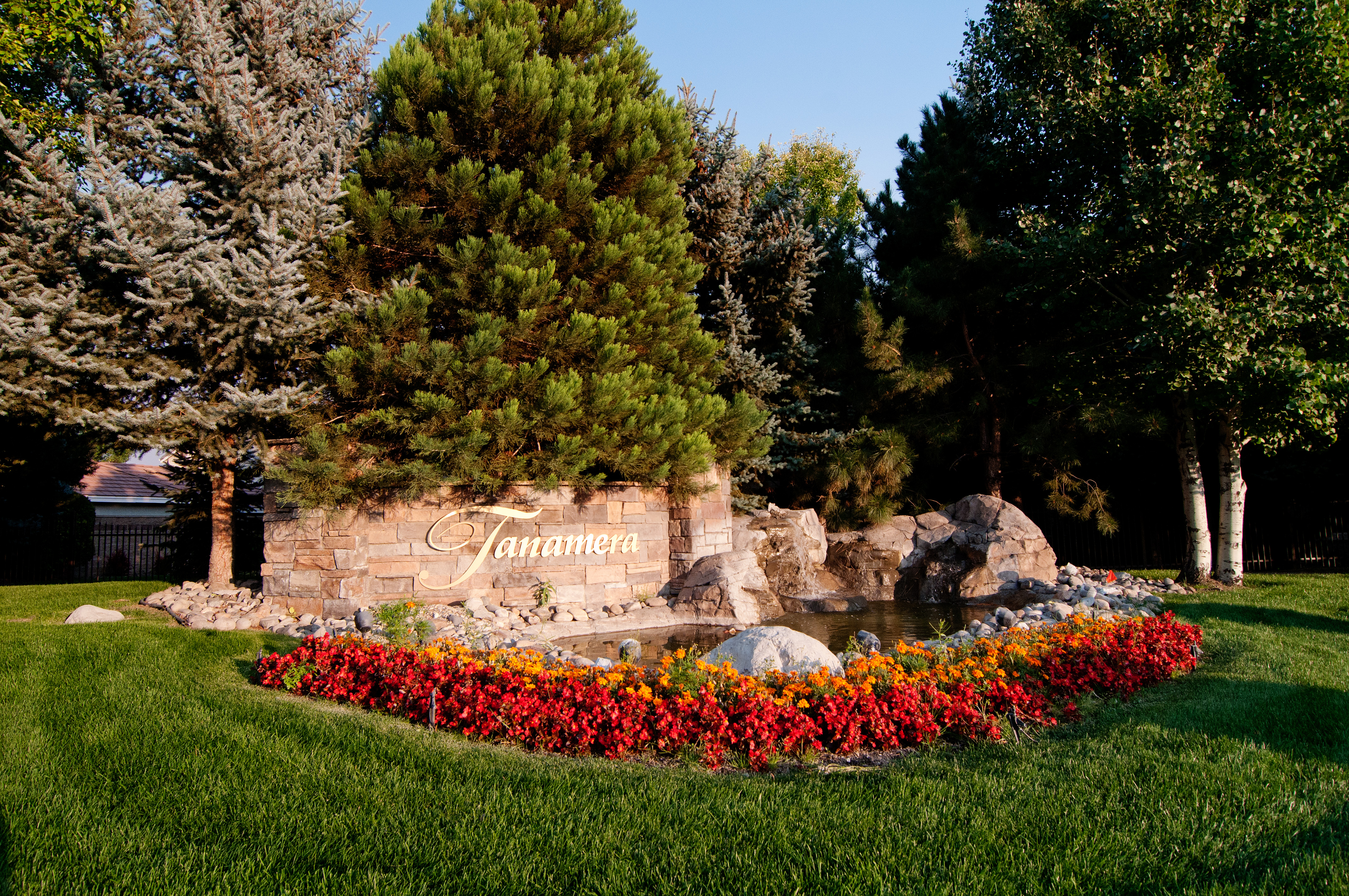 Community entry landscaping with seasonal color